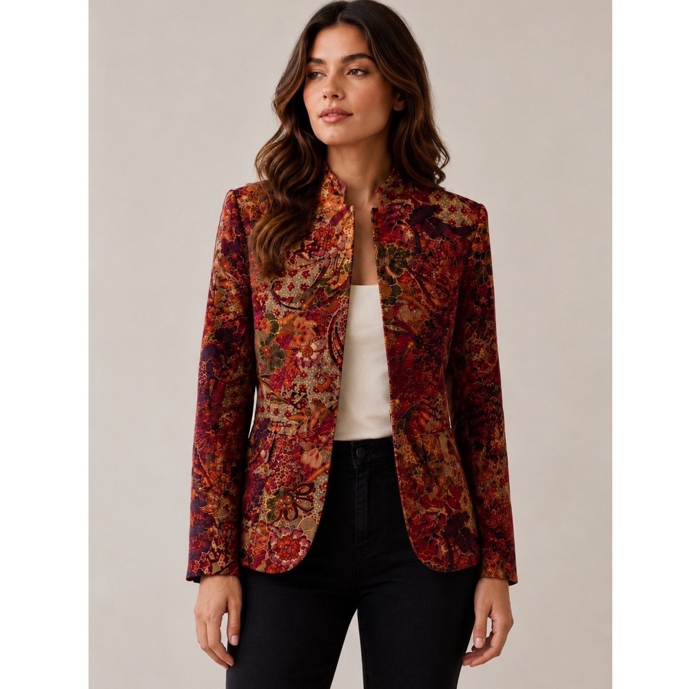 Coldwater Creek Floral Tapestry Jacket Paisley Zip Front Blazer Women's Large
